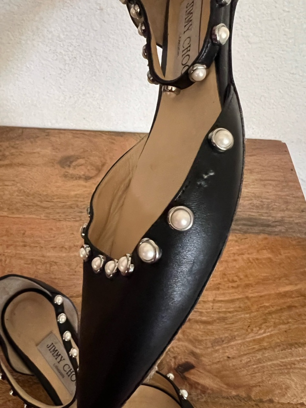 Jimmy Choo Leema Black Leather Pearl Embellished Ankle Strap Flats Size 37.5 - Picture 10 of 11